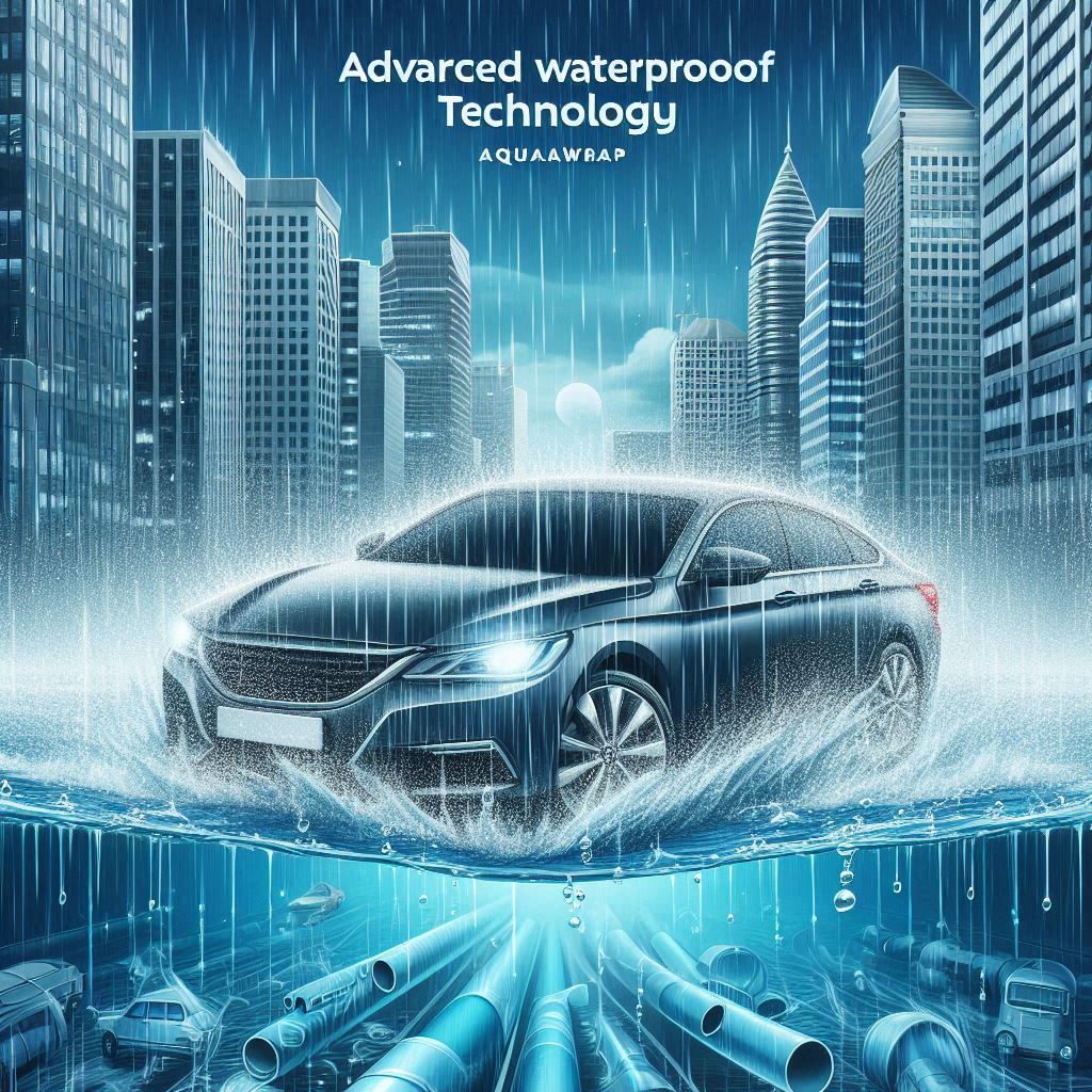 Advanced waterproof technology Aquawrap with high-grade materials and a car, without any text or icons